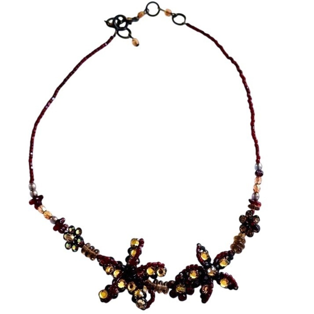 VTG Austrian Crystal‎ flower Floating Necklace Y2K quilted wired red Beads 17"